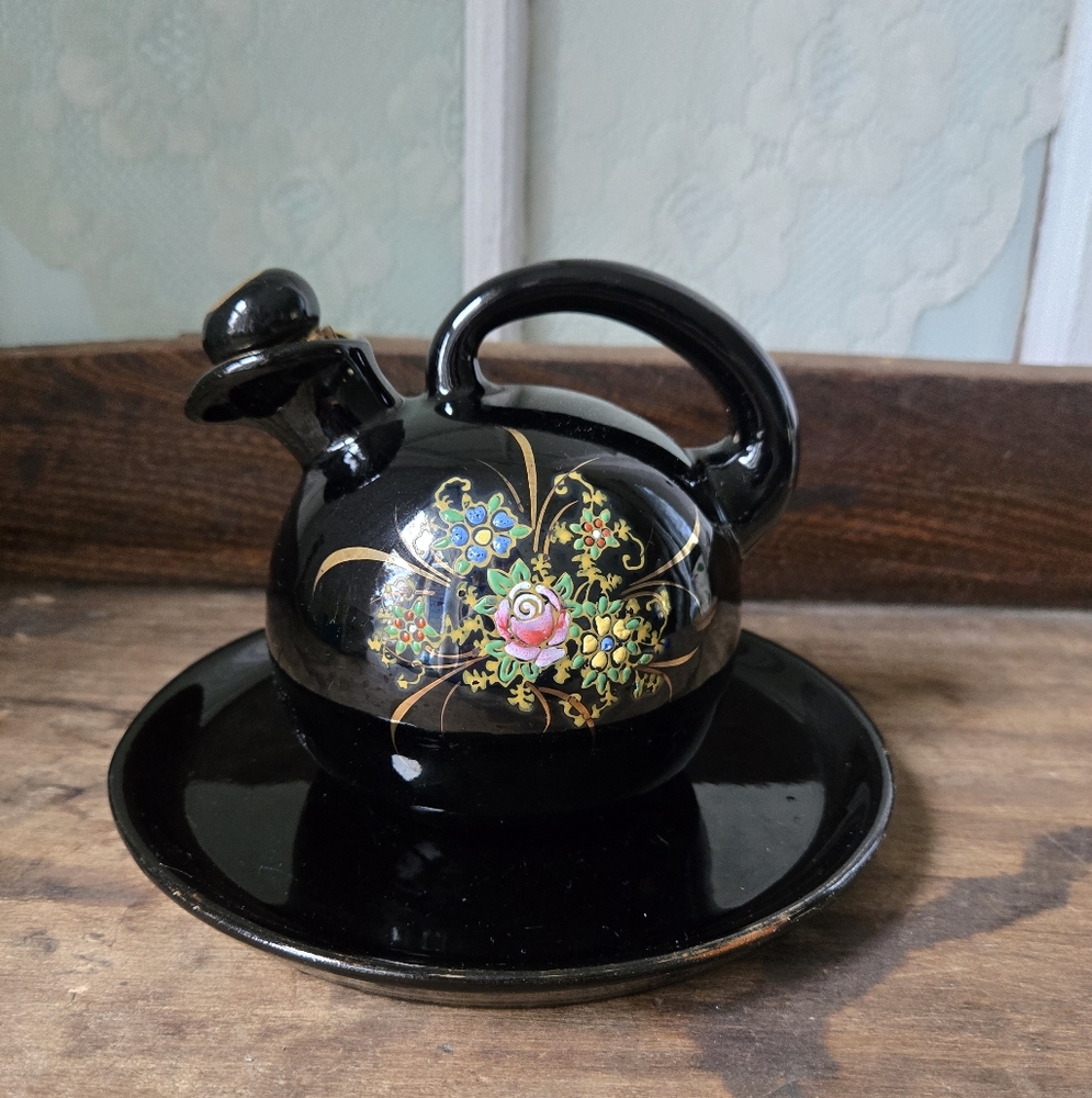 Vintage Japanese Black Floral Moriage Cruet & Underplate Set